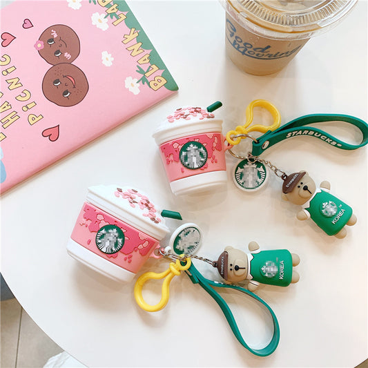 Pink Coffee Cup Airpods Case with Bear Pendant
